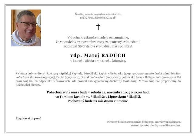 Matej Radúch, kňaz, parte